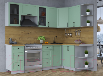 Кухонный гарнитур Интерлиния Тренд 1.5x2.4 правая (мята/мята/дуб бунратти)