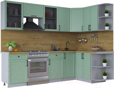 Кухонный гарнитур Интерлиния Тренд 1.5x2.6 правая (мята/мята/дуб бунратти) - фото