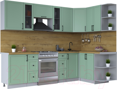 Кухонный гарнитур Интерлиния Тренд 1.5x2.7 правая (мята/мята/дуб бунратти) - фото