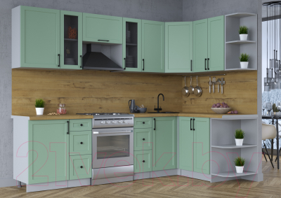 Кухонный гарнитур Интерлиния Тренд 1.5x2.7 правая (мята/мята/дуб бунратти)