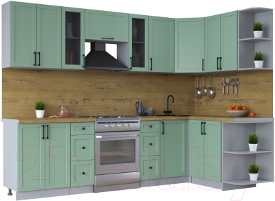 Кухонный гарнитур Интерлиния Тренд 1.5x2.8 правая (мята/мята/дуб бунратти) - фото