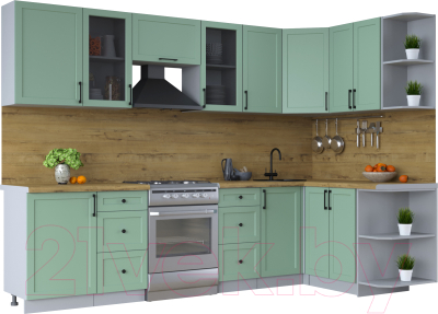 Кухонный гарнитур Интерлиния Тренд 1.5x2.9 правая (мята/мята/дуб бунратти) - фото