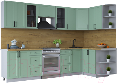 Кухонный гарнитур Интерлиния Тренд 1.5x3.0 правая (мята/мята/дуб бунратти) - фото