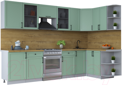 Кухонный гарнитур Интерлиния Тренд 1.5x3.1 правая (мята/мята/дуб бунратти) - фото