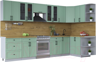 Кухонный гарнитур Интерлиния Тренд 1.5x3.4 правая (мята/мята/дуб бунратти) - фото