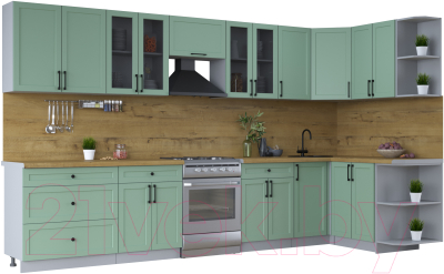 Кухонный гарнитур Интерлиния Тренд 1.5x3.6 правая (мята/мята/дуб бунратти) - фото