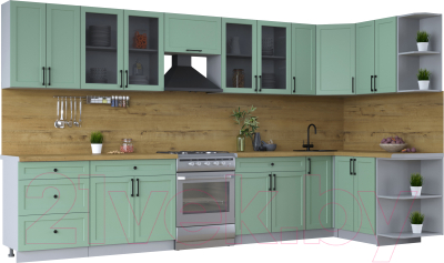 Кухонный гарнитур Интерлиния Тренд 1.5x3.7 правая (мята/мята/дуб бунратти) - фото