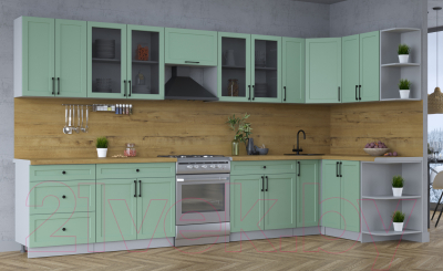 Кухонный гарнитур Интерлиния Тренд 1.5x3.7 правая (мята/мята/дуб бунратти)
