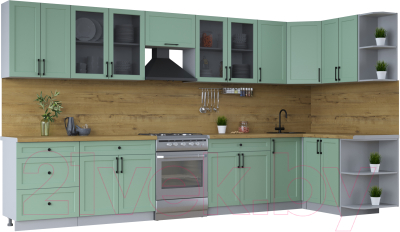 Кухонный гарнитур Интерлиния Тренд 1.5x3.8 правая (мята/мята/дуб бунратти) - фото