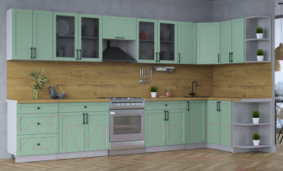 Кухонный гарнитур Интерлиния Тренд 1.5x3.8 правая (мята/мята/дуб бунратти)