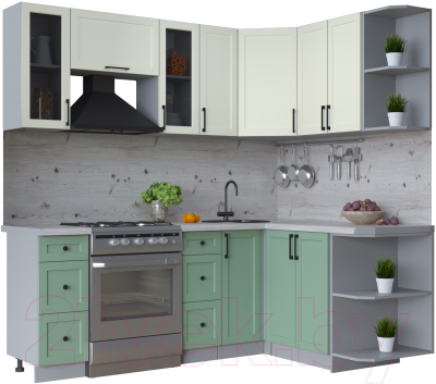 Кухонный гарнитур Интерлиния Тренд 1.5x2.1 правая (мята/белый/бискайская сосна) - фото