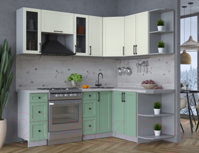Кухонный гарнитур Интерлиния Тренд 1.5x2.1 правая (мята/белый/бискайская сосна)