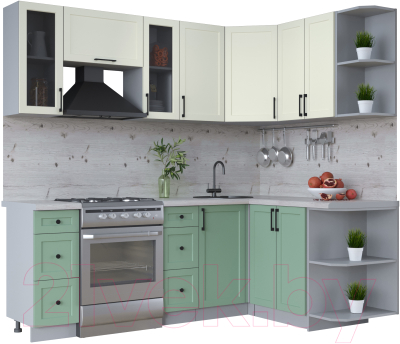 Кухонный гарнитур Интерлиния Тренд 1.5x2.2 правая (мята/белый/бискайская сосна) - фото
