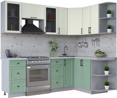 Кухонный гарнитур Интерлиния Тренд 1.5x2.3 правая (мята/белый/бискайская сосна) - фото