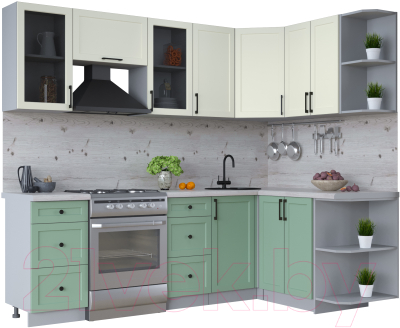 Кухонный гарнитур Интерлиния Тренд 1.5x2.4 правая (мята/белый/бискайская сосна) - фото