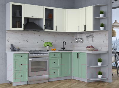Кухонный гарнитур Интерлиния Тренд 1.5x2.4 правая (мята/белый/бискайская сосна)