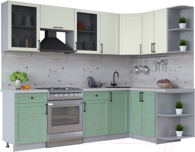 Кухонный гарнитур Интерлиния Тренд 1.5x2.6 правая (мята/белый/бискайская сосна) - фото