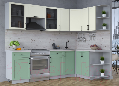 Кухонный гарнитур Интерлиния Тренд 1.5x2.6 правая (мята/белый/бискайская сосна)
