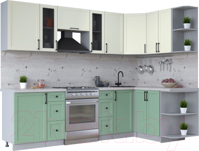 Кухонный гарнитур Интерлиния Тренд 1.5x2.7 правая (мята/белый/бискайская сосна) - фото