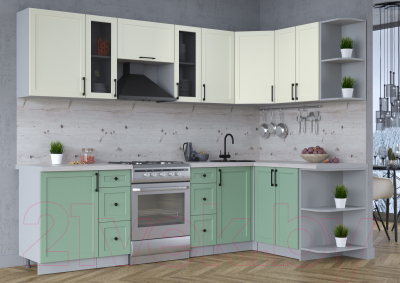 Кухонный гарнитур Интерлиния Тренд 1.5x2.7 правая (мята/белый/бискайская сосна)