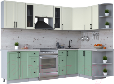 Кухонный гарнитур Интерлиния Тренд 1.5x2.8 правая (мята/белый/бискайская сосна) - фото