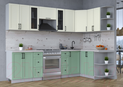 Кухонный гарнитур Интерлиния Тренд 1.5x2.8 правая (мята/белый/бискайская сосна)