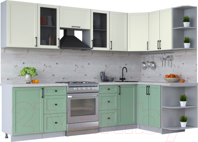 Кухонный гарнитур Интерлиния Тренд 1.5x2.9 правая (мята/белый/бискайская сосна) - фото