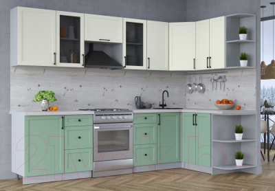 Кухонный гарнитур Интерлиния Тренд 1.5x2.9 правая (мята/белый/бискайская сосна)