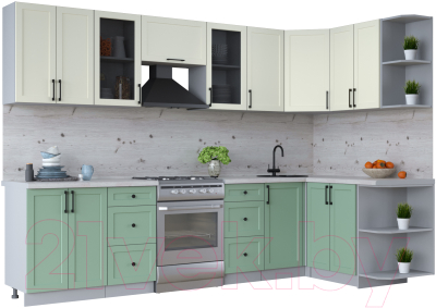 Кухонный гарнитур Интерлиния Тренд 1.5x3.0 правая (мята/белый/бискайская сосна) - фото