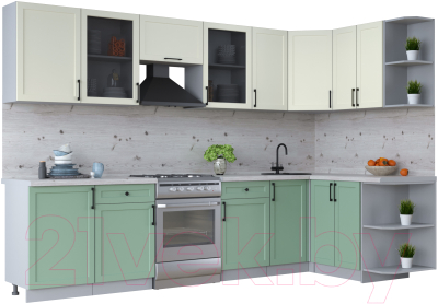 Кухонный гарнитур Интерлиния Тренд 1.5x3.1 правая (мята/белый/бискайская сосна) - фото