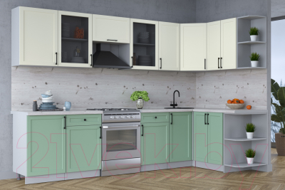 Кухонный гарнитур Интерлиния Тренд 1.5x3.1 правая (мята/белый/бискайская сосна)