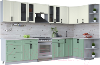Кухонный гарнитур Интерлиния Тренд 1.5x3.4 правая (мята/белый/бискайская сосна) - фото