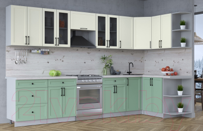 Кухонный гарнитур Интерлиния Тренд 1.5x3.4 правая (мята/белый/бискайская сосна)