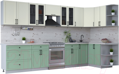 Кухонный гарнитур Интерлиния Тренд 1.5x3.6 правая (мята/белый/бискайская сосна) - фото