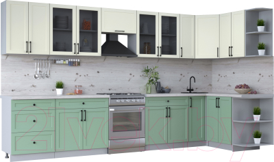 Кухонный гарнитур Интерлиния Тренд 1.5x3.7 правая (мята/белый/бискайская сосна) - фото
