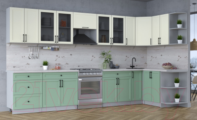 Кухонный гарнитур Интерлиния Тренд 1.5x3.7 правая (мята/белый/бискайская сосна)