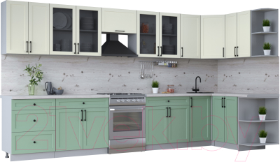 Кухонный гарнитур Интерлиния Тренд 1.5x3.8 правая (мята/белый/бискайская сосна) - фото