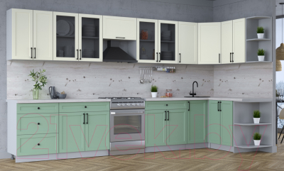 Кухонный гарнитур Интерлиния Тренд 1.5x3.8 правая (мята/белый/бискайская сосна)