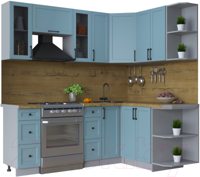 Кухонный гарнитур Интерлиния Тренд 1.5x2.1 правая (океан/океан/дуб бунратти) - фото