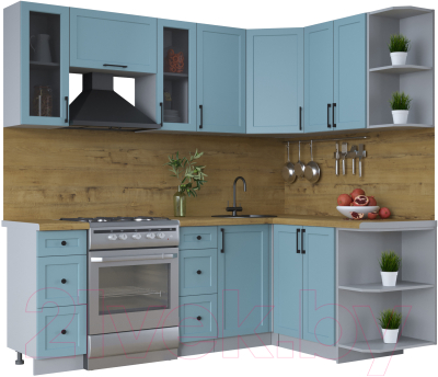 Кухонный гарнитур Интерлиния Тренд 1.5x2.2 правая (океан/океан/дуб бунратти) - фото