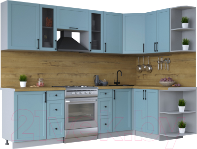 Кухонный гарнитур Интерлиния Тренд 1.5x2.7 правая (океан/океан/дуб бунратти) - фото