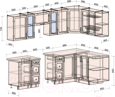 Кухонный гарнитур Интерлиния Тренд 1.5x2.7 правая (океан/океан/дуб бунратти)