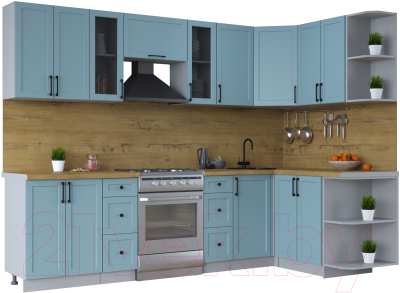 Кухонный гарнитур Интерлиния Тренд 1.5x2.8 правая (океан/океан/дуб бунратти) - фото
