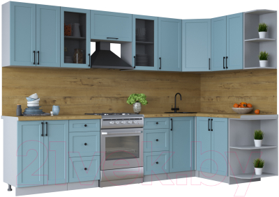 Кухонный гарнитур Интерлиния Тренд 1.5x3.0 правая (океан/океан/дуб бунратти) - фото