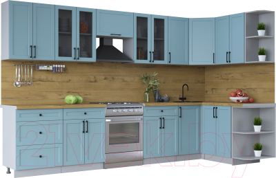 Кухонный гарнитур Интерлиния Тренд 1.5x3.4 правая (океан/океан/дуб бунратти) - фото