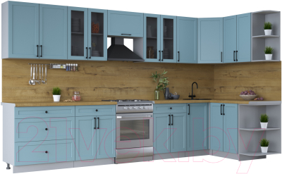 Кухонный гарнитур Интерлиния Тренд 1.5x3.6 правая (океан/океан/дуб бунратти) - фото