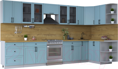 Кухонный гарнитур Интерлиния Тренд 1.5x3.7 правая (океан/океан/дуб бунратти) - фото