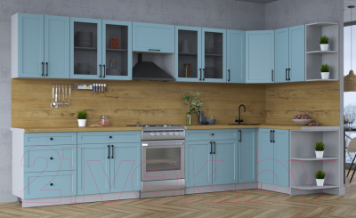 Кухонный гарнитур Интерлиния Тренд 1.5x3.7 правая (океан/океан/дуб бунратти)