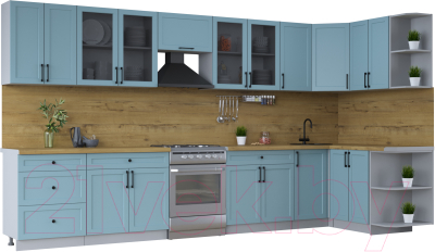 Кухонный гарнитур Интерлиния Тренд 1.5x3.8 правая (океан/океан/дуб бунратти) - фото