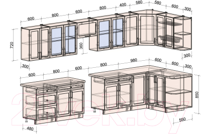 Кухонный гарнитур Интерлиния Тренд 1.5x3.8 правая (океан/океан/дуб бунратти)